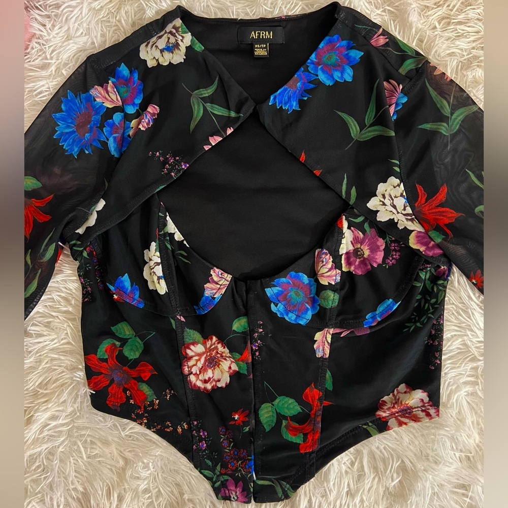 AFRM Black Floral Mesh Blouse